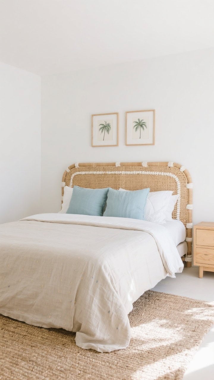 Wide tropical-neutral bedroom: bright white walls; woven rattan headboard with bone detailing; sand-hued linen bedding with icy blue accent pillows; framed palm sketches above; a light oak dresser to the side; soft jute rug underfoot; fresh, natural light suggesting a quiet island breeze.