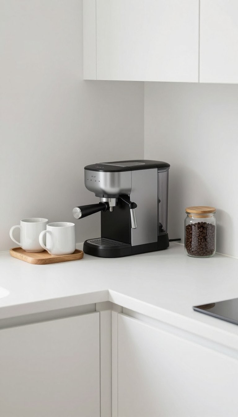 minimalist corner coffee area on counter ideas with single tray and coffee maker in white kitchen