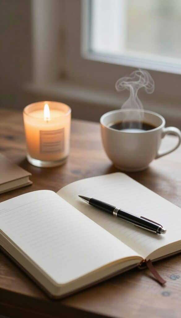 peaceful morning journaling ritual setup with candle and coffee
