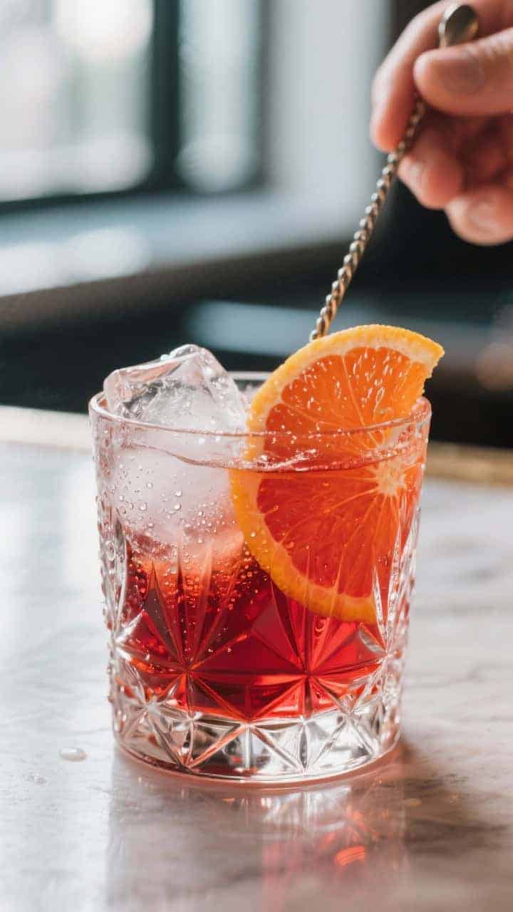 Close-up detail: A Blood Orange Negroni being stirred in a crystal mixing glass filled with clear ic