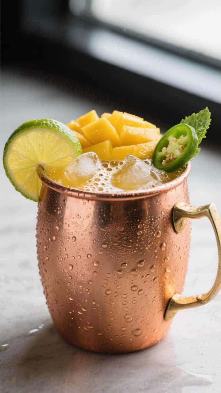 Close-up detail: A chilled copper mule mug filled with a prepared Spicy Mango Mule, showing efferves