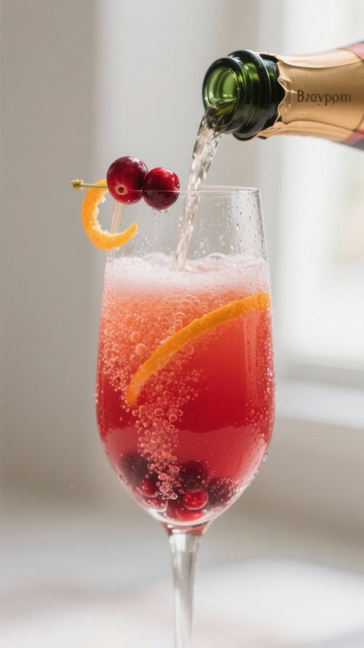 Close-up detail: A cranberry–orange mimosa being topped with chilled Brut sparkling wine, shot at 