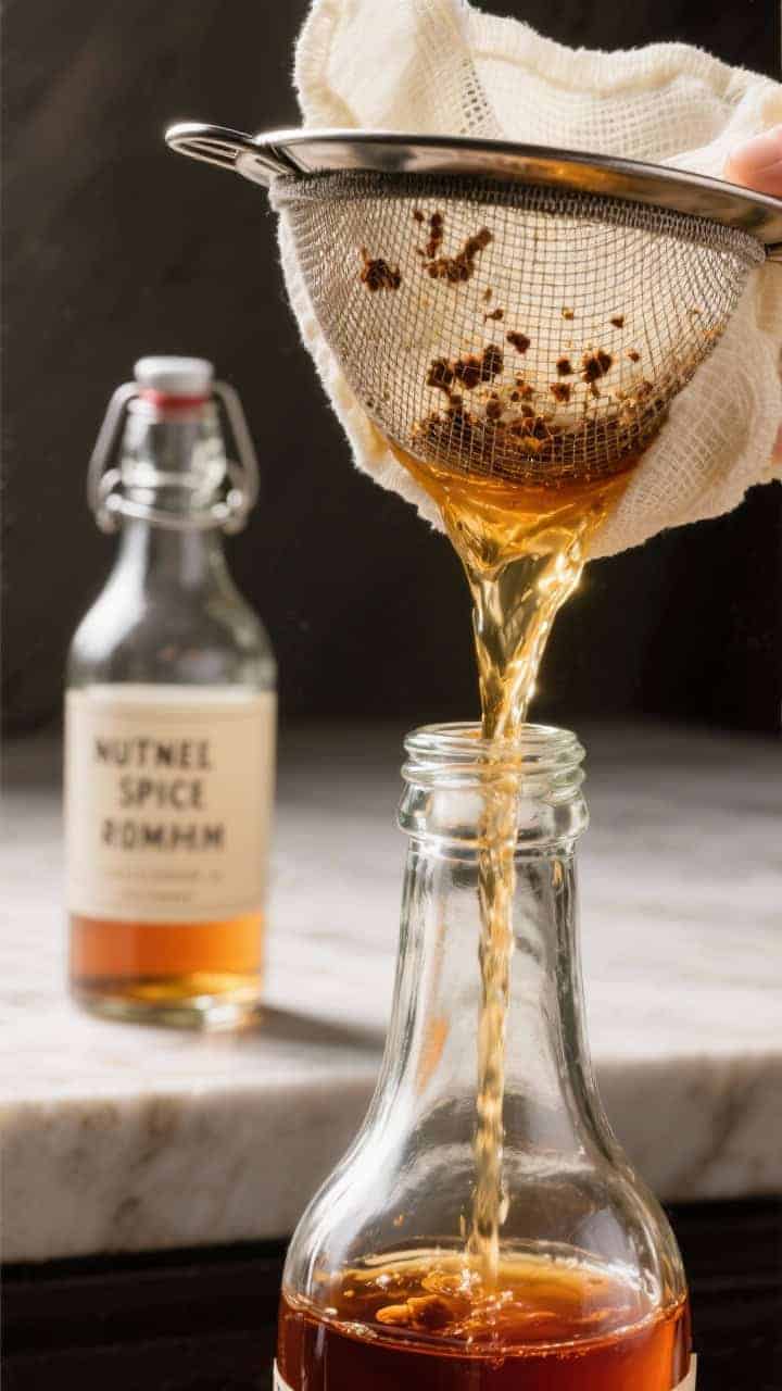 Close-up detail: A crystal-clear stream of amber Nutmeg Spiced Rum being strained through a fine-mes
