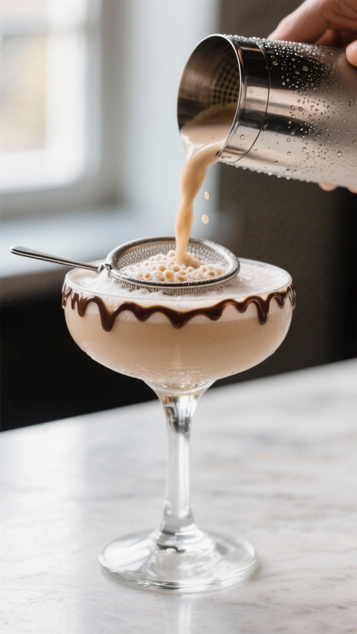 Close-up detail: A freshly shaken Almond Joy Cocktail being fine-strained into a chilled coupe, silk