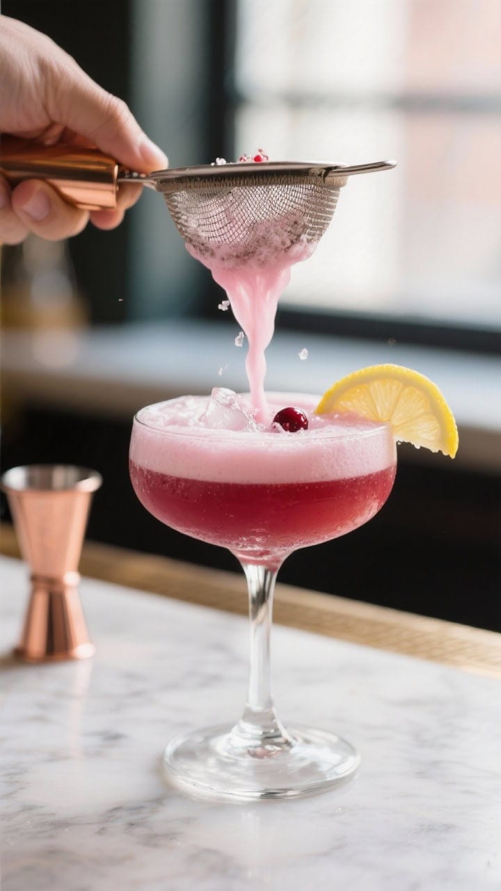 Close-up detail: A freshly shaken Cranberry Bourbon Sour being double strained into a chilled coupe,