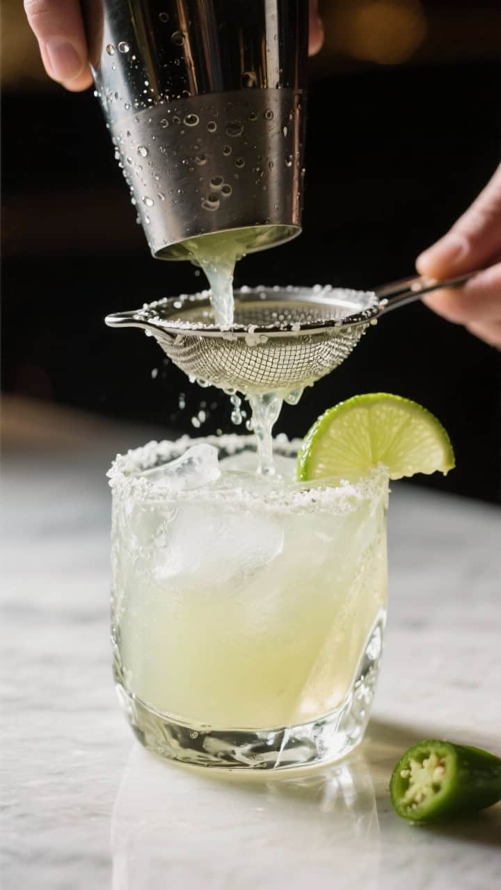 Close-up detail: A freshly shaken Spicy Jalapeño Margarita being double strained into a chilled roc