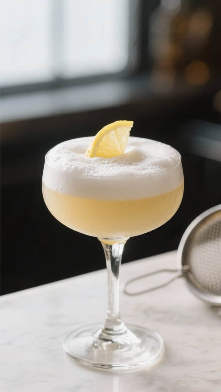 Close-up detail: A freshly shaken Whiskey Sour in a chilled coupe, silky egg-white foam crowned with