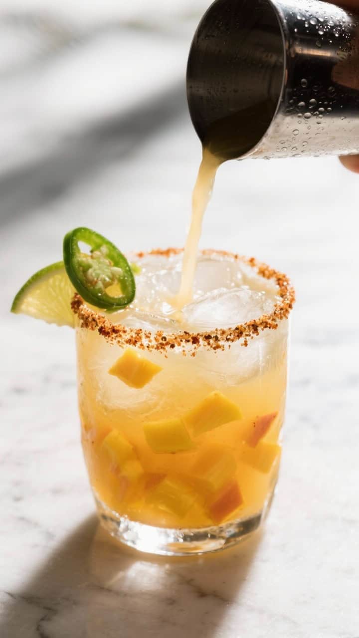 Close-up detail: A Spicy Mango Margarita on the rocks mid-pour into a Tajín–kosher salt–rimmed 