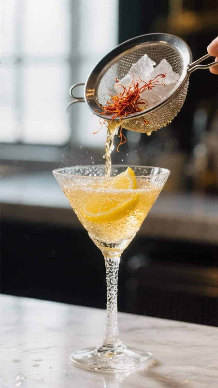 Close-up detail: Double-strained Saffron Rose Martini pouring into a chilled coupe, captured mid-str