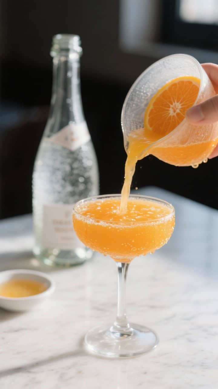 Close-up detail: Freshly strained tangerine juice being poured into a chilled coupe, vivid sunset-or