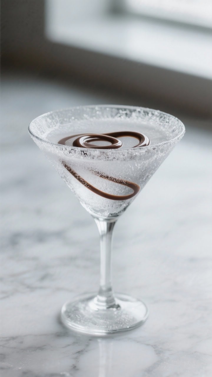Close-up detail: Frosted martini glass fresh from the freezer with a delicate chocolate-syrup ribbon