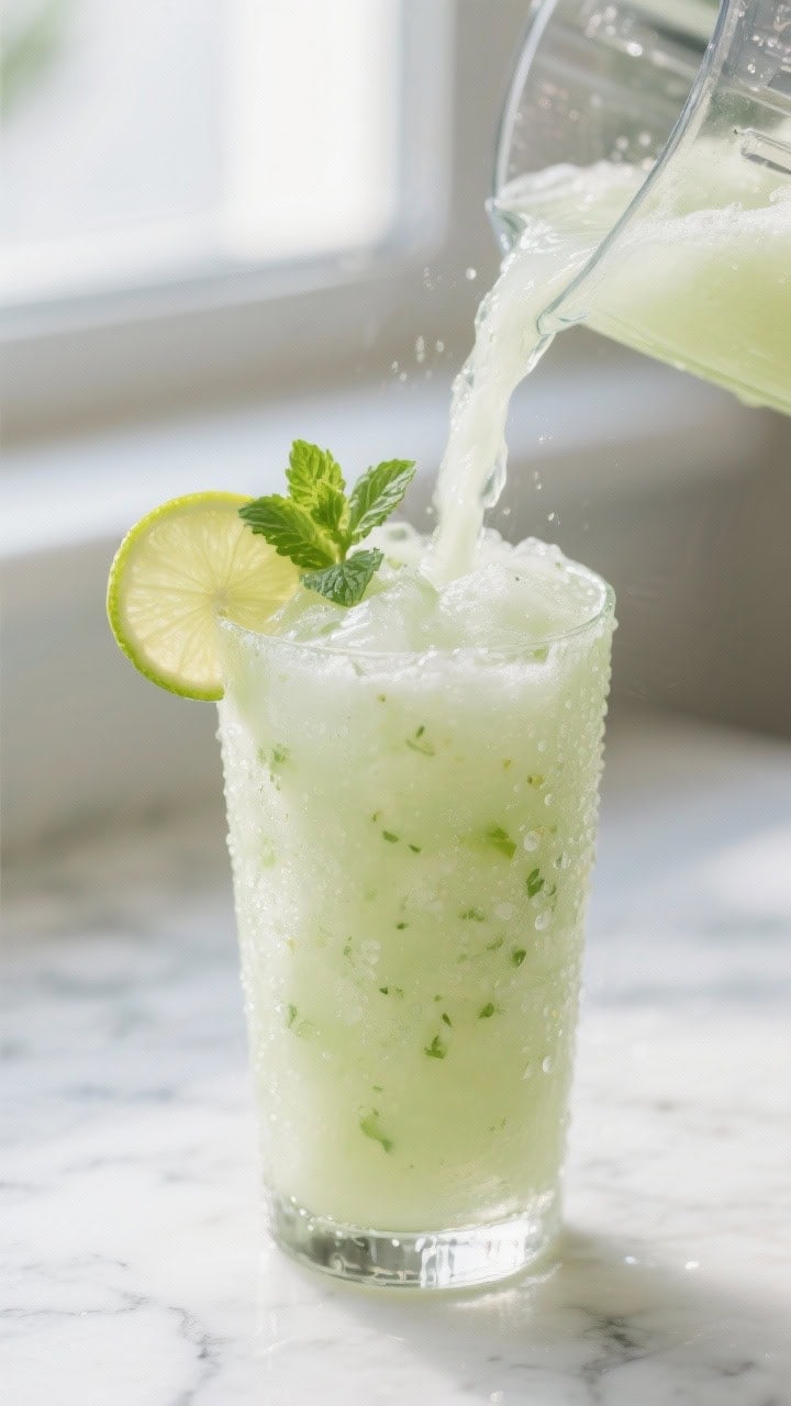 Close-up detail: Frosty Honeydew Melon Cooler being poured from a blender into a chilled highball gl