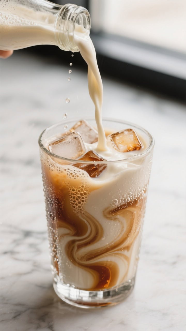 Close-up detail of a freshly built Vanilla Bourbon Cream Soda mid-pour: silky ribbon of heavy cream 