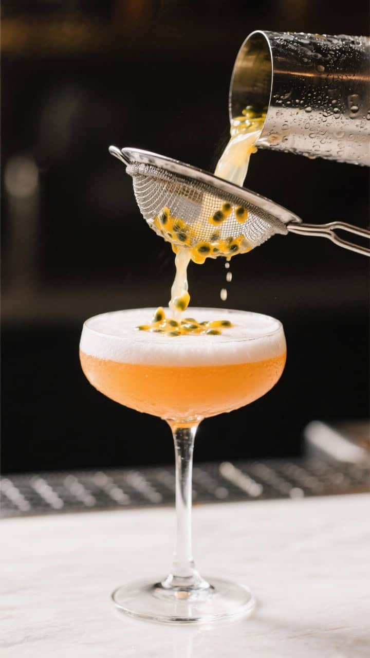 Close-up detail of a freshly shaken Passionfruit Daiquiri being double strained into a chilled coupe