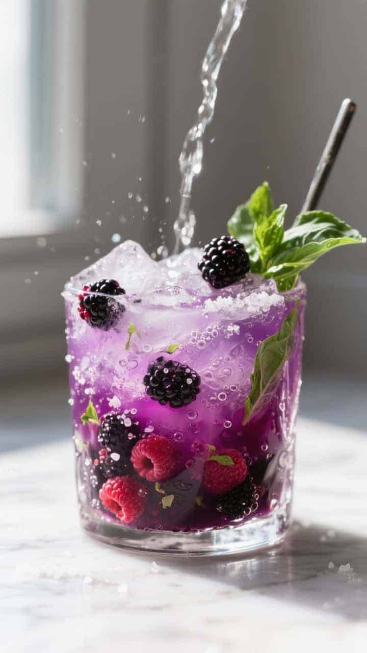 Close-up detail shot of a prepared Berry Basil Smash mid-stir in a rocks glass: muddled blackberry-r