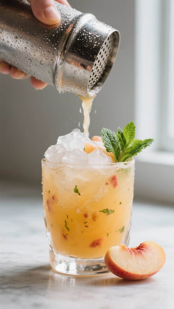 Close-up detail: Strained Bourbon Peach Smash being poured from a frosty shaker over a mound of fres