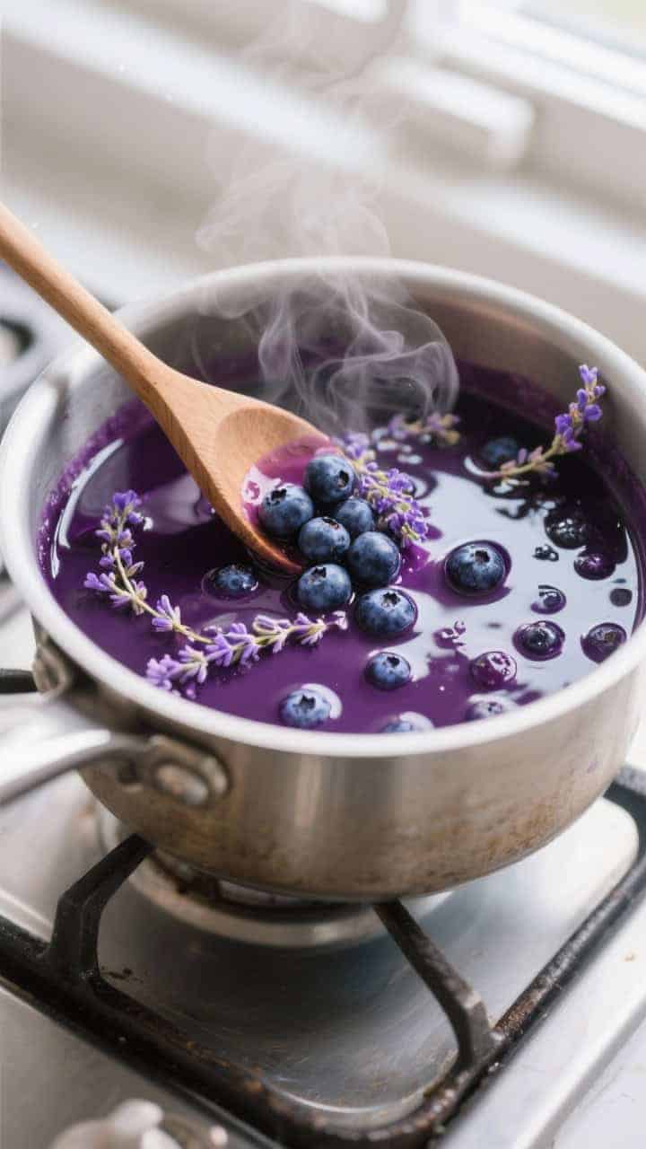 Cooking process close-up: A saucepan at a gentle simmer with a glossy blueberry-lavender syrup, deep