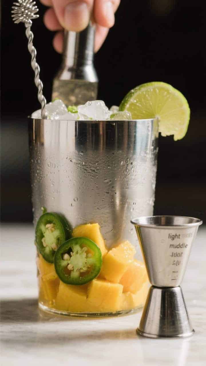 Cooking process: Cocktail shaker scene showing gently muddled jalapeño slices and mango puree just 