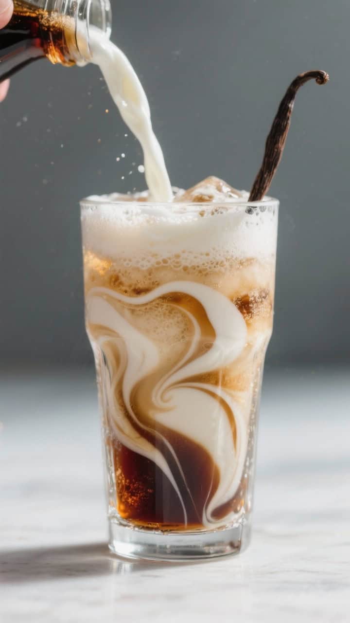Cooking process: Gently stirred Vanilla Bourbon Cream Soda mid-build, showing the optional heavy cre