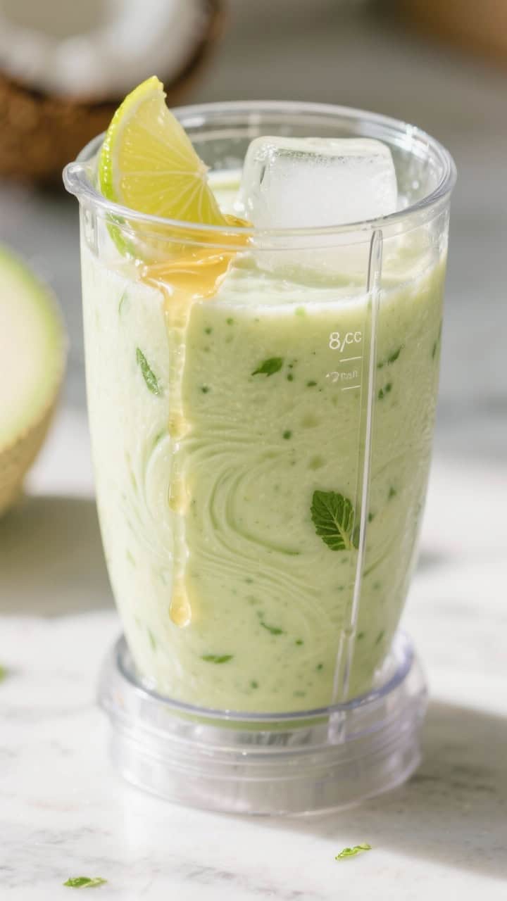 Cooking process: Honeydew Melon Cooler base mid-blend in a transparent blender jar, viewed close-up