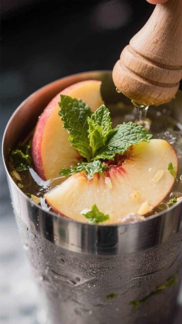 Cooking process: Muddling stage in a stainless shaker—juicy peach slices with torn mint leaves and
