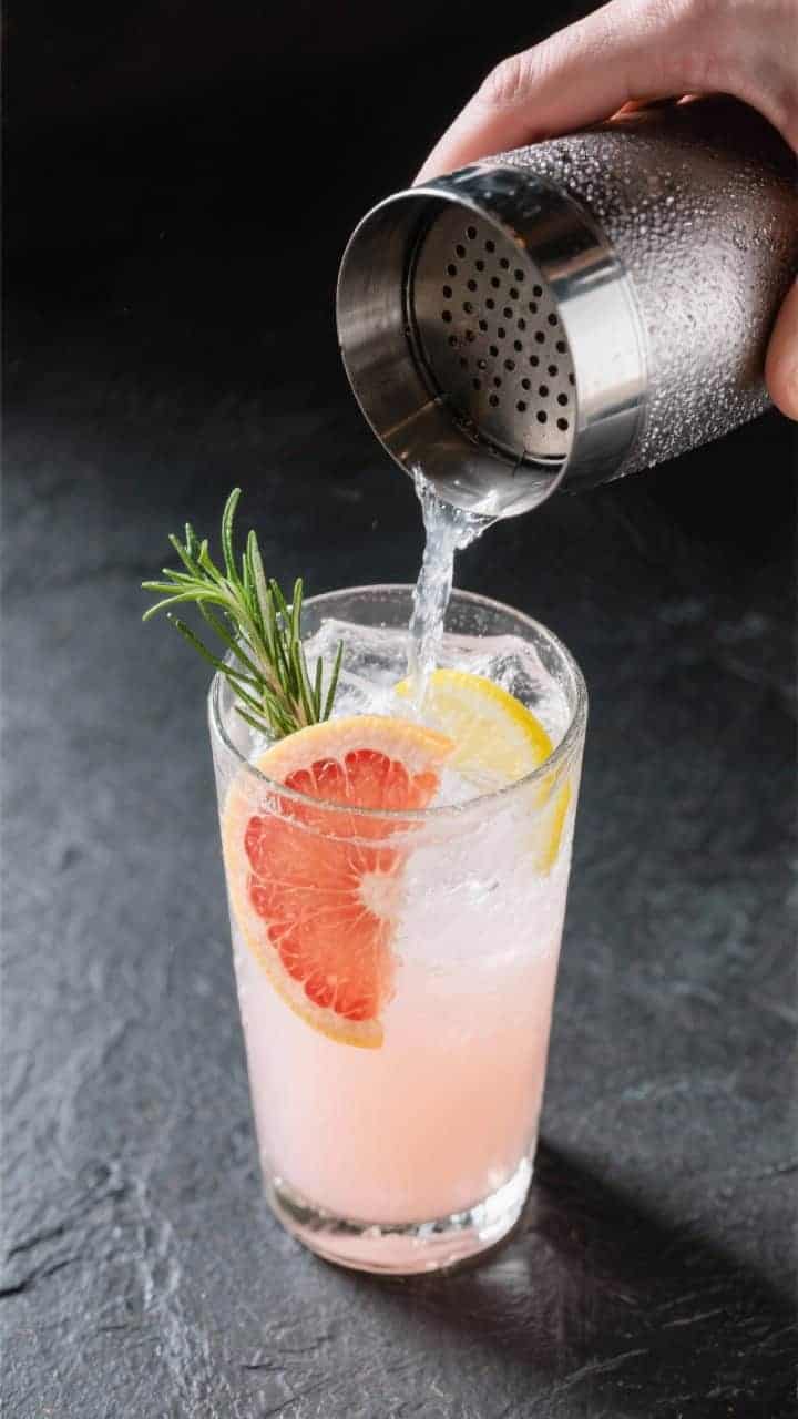 Cooking process: Overhead shot of the cocktail base being shaken—frosted metal shaker just opened,