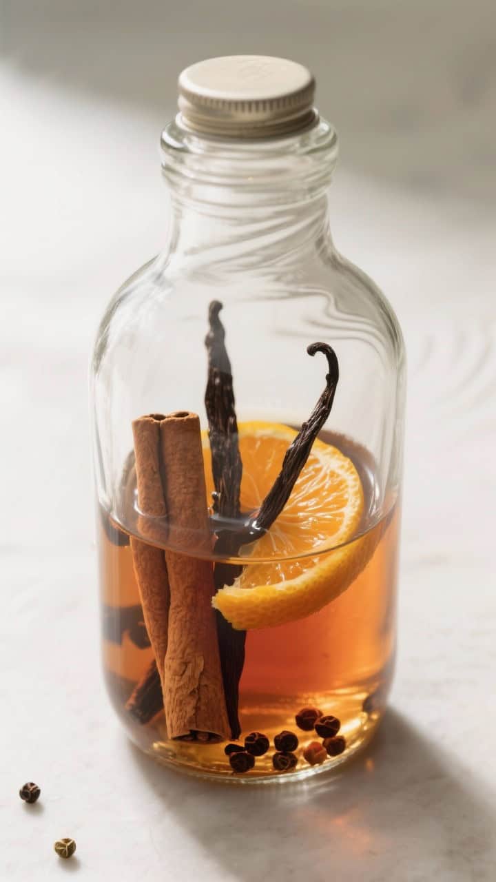 Cooking process: Overhead shot of the infusion stage—quart-size glass jar filled with rum showing 