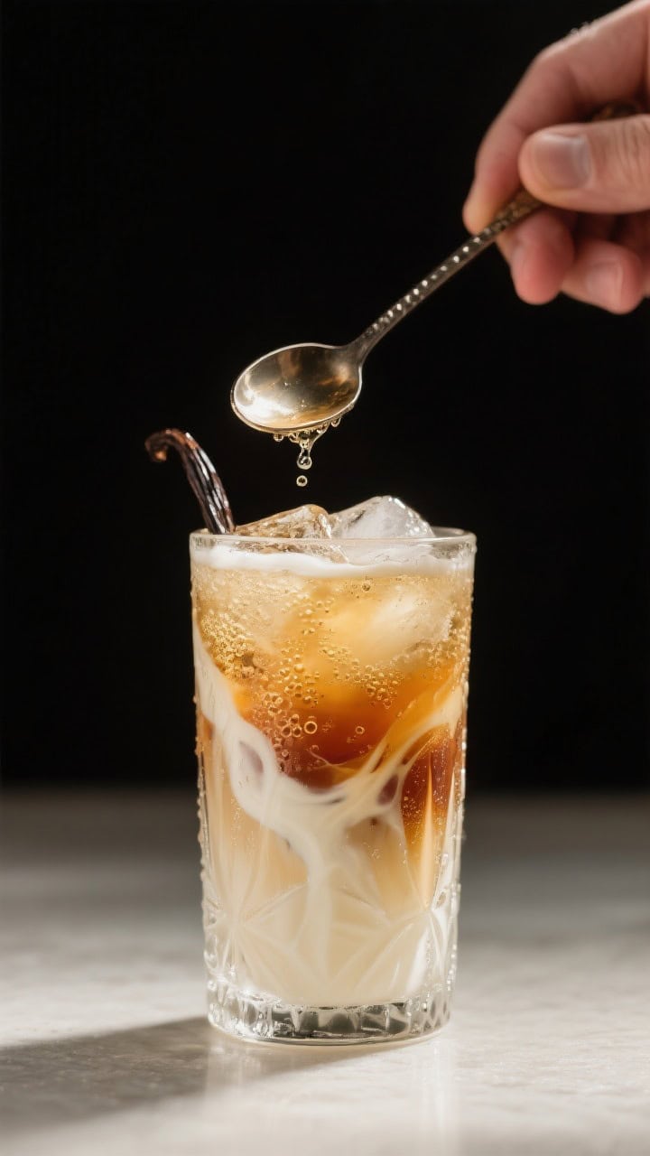 Cooking process scene showing the gentle stir technique: bar spoon lifting from the bottom of a chil