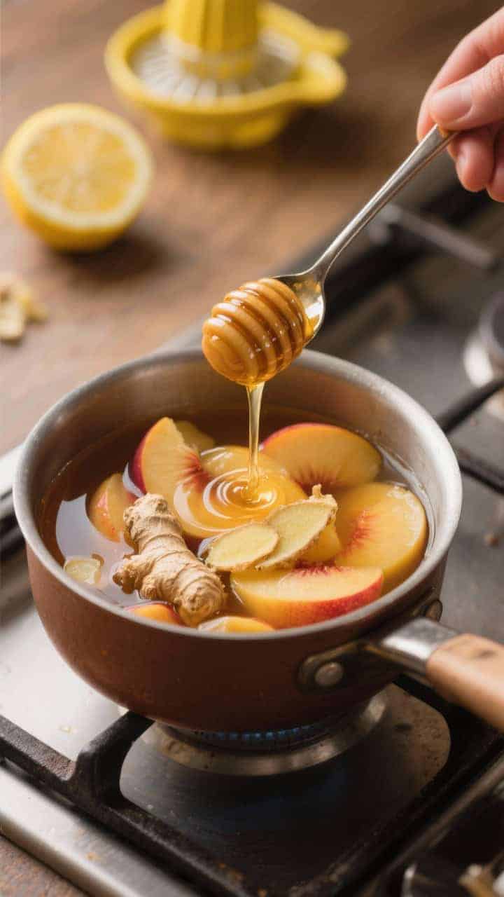 Cooking process: Simmered ginger–peach base in a small saucepan just off the heat, peaches visibly