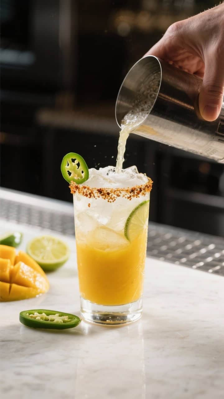 Cooking process: The build step in action—mango puree, vodka, and fresh lime juice already in a ta