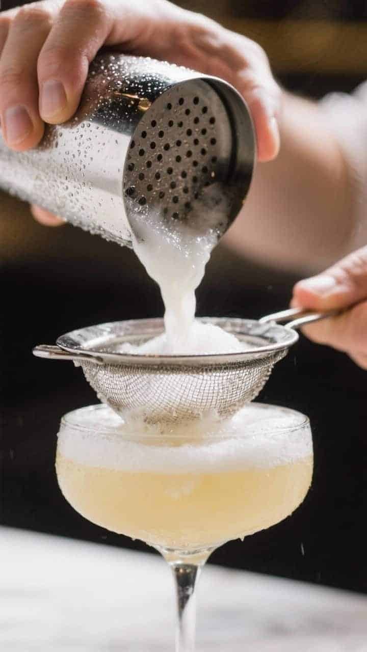 Cooking process: The dry shake in action—frosted stainless shaker just opened, thick, glossy foam 