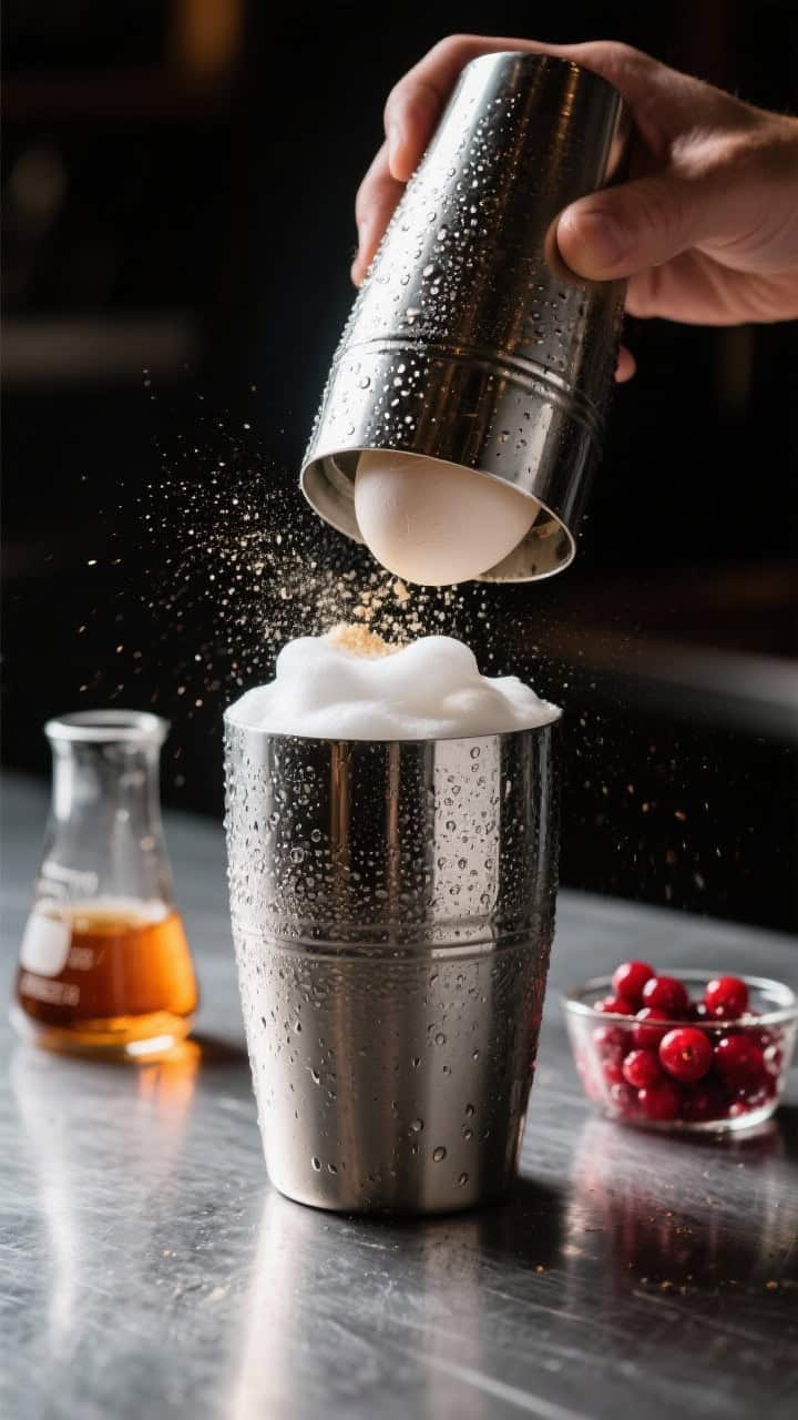 Cooking process: The dry shake moment captured mid-action—sealed metal shaker frosted and beaded w