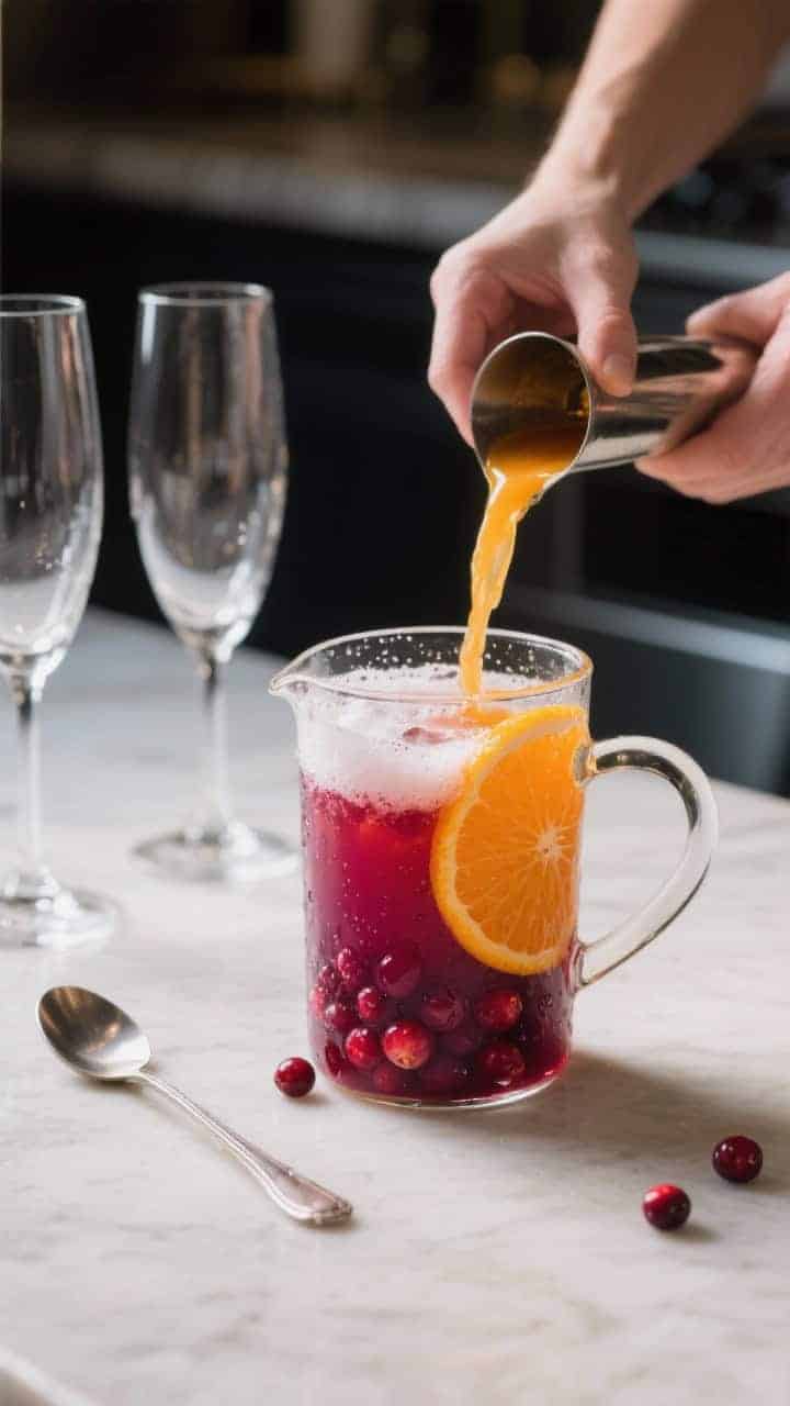 Cooking process: The juice base being mixed in a small glass pitcher—equal parts cranberry and fre