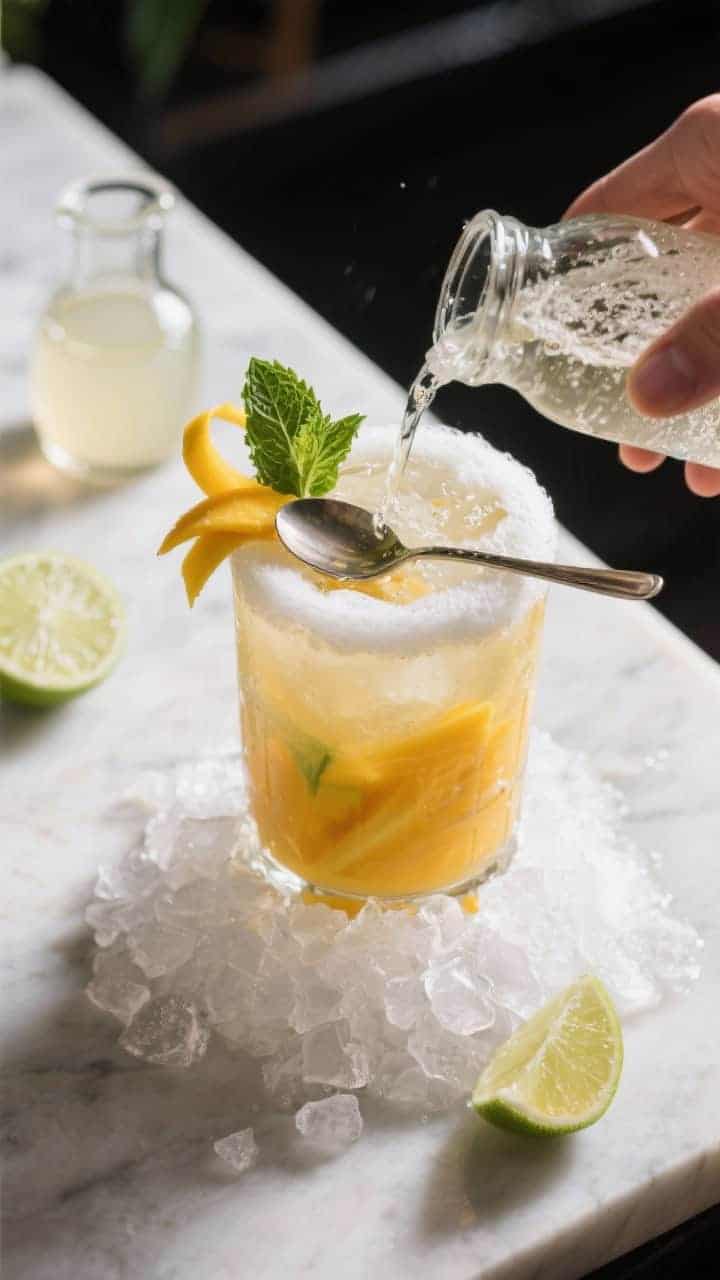 Cooking process: Tropical Mango Mojito being assembled—overhead shot of the glass just after stirr