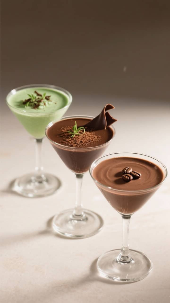 Final dish beauty: Hero shot of a trio of chocolate martinis to show variations—classic, mint-choc