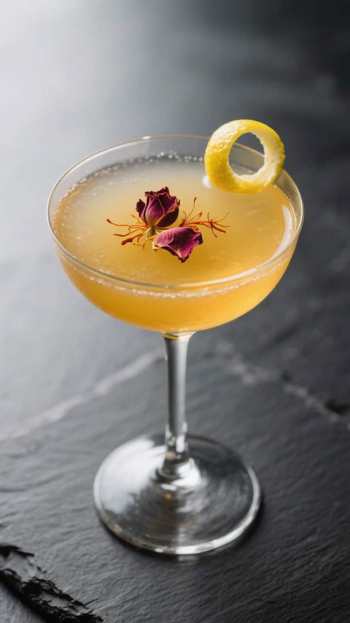 Final dish: Elegant Saffron Rose Martini served in a chilled coupe, silky golden body, a single wide