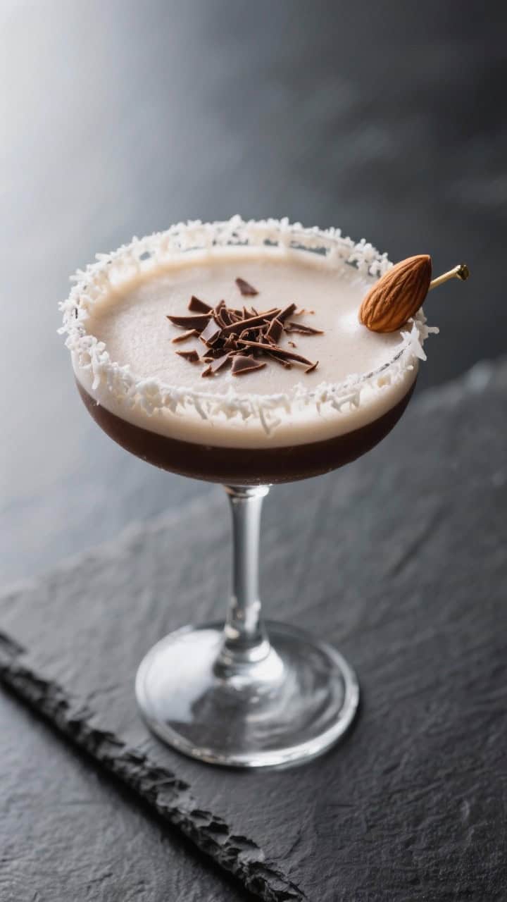 Final dish: Elegantly plated Almond Joy Cocktail served up in a frosted coupe with a thin chocolate-