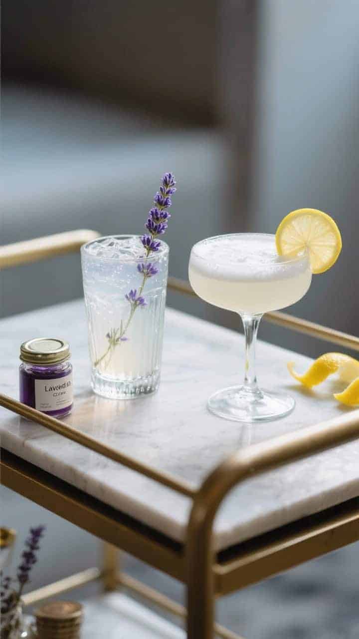 Final dish presentation: Bar-cart vignette of two Lavender Gin Fizzes—one classic in a Collins wit