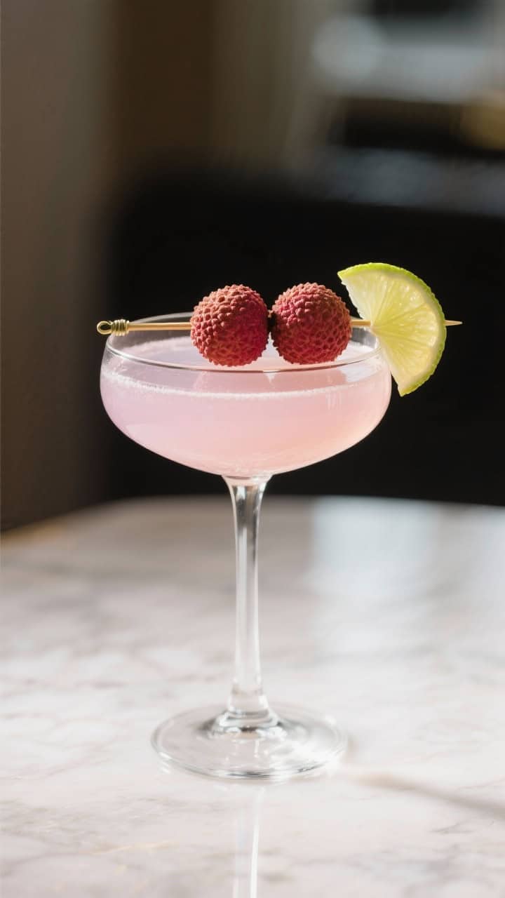 Final dish presentation: Elegant lychee martini in a chilled coupe, crystal-clear with a faint pink