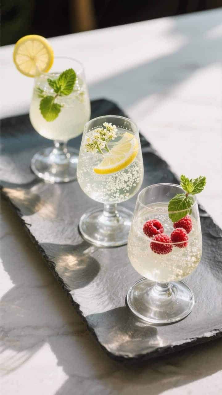 Final dish presentation: Elegant party-ready setup with three variations of Elderflower Spritz arran