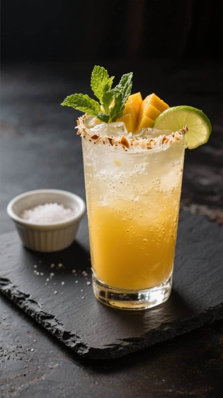 Final dish presentation: Restaurant-quality beauty shot at a slight 45-degree angle of a Coconut Man
