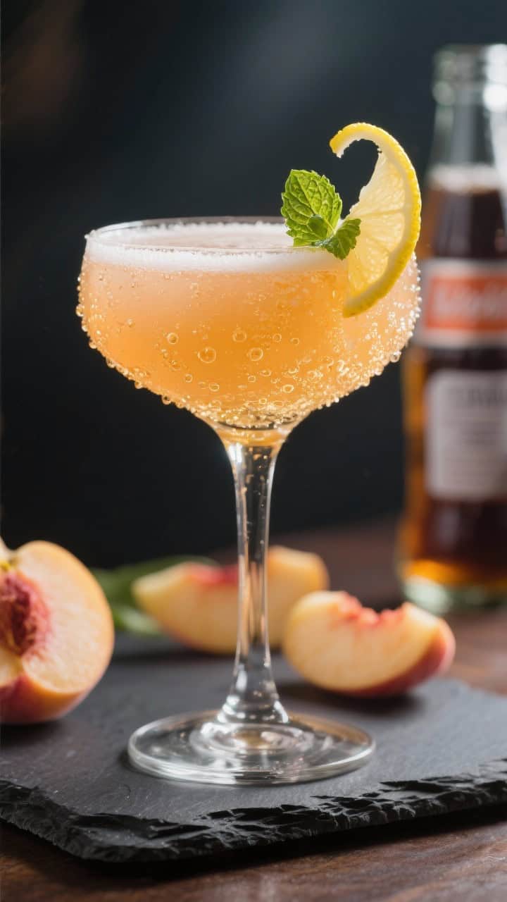 Final dish presentation: Restaurant-quality cocktail variation of Ginger Peach Fizz served in a coup