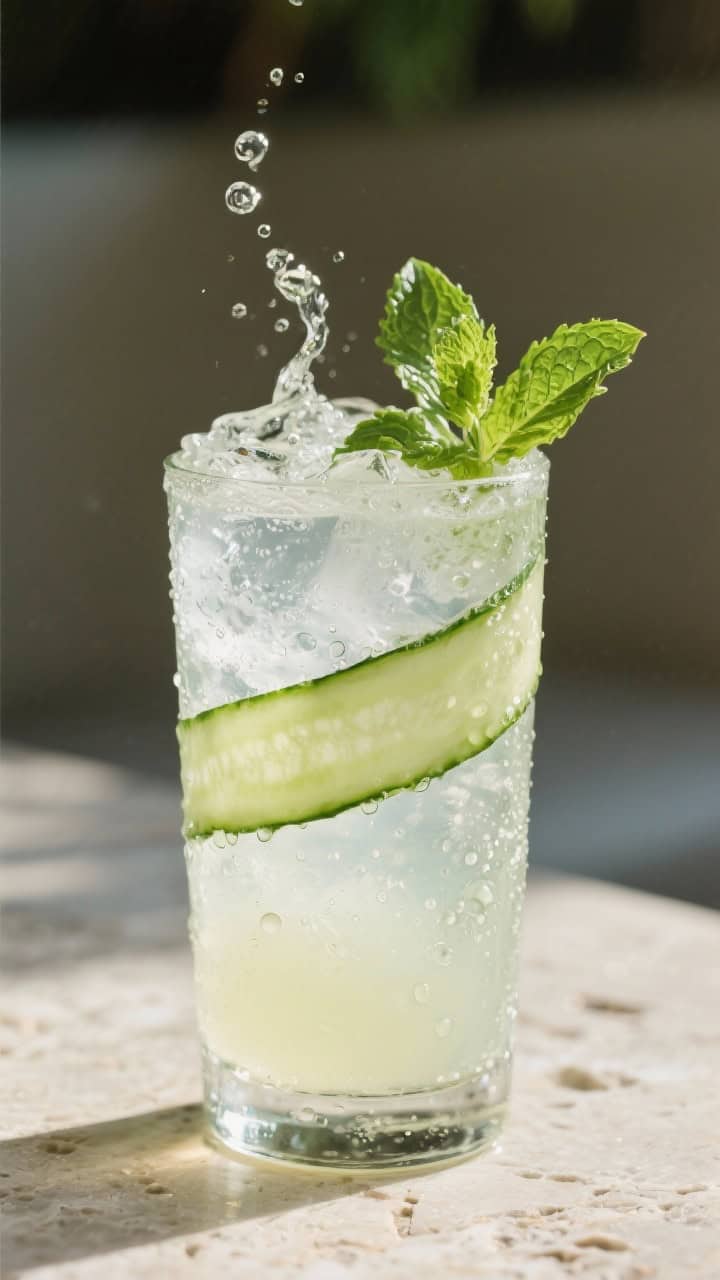 Final dish presentation: Restaurant-quality highball glass filled with ice, topped with the Cucumber