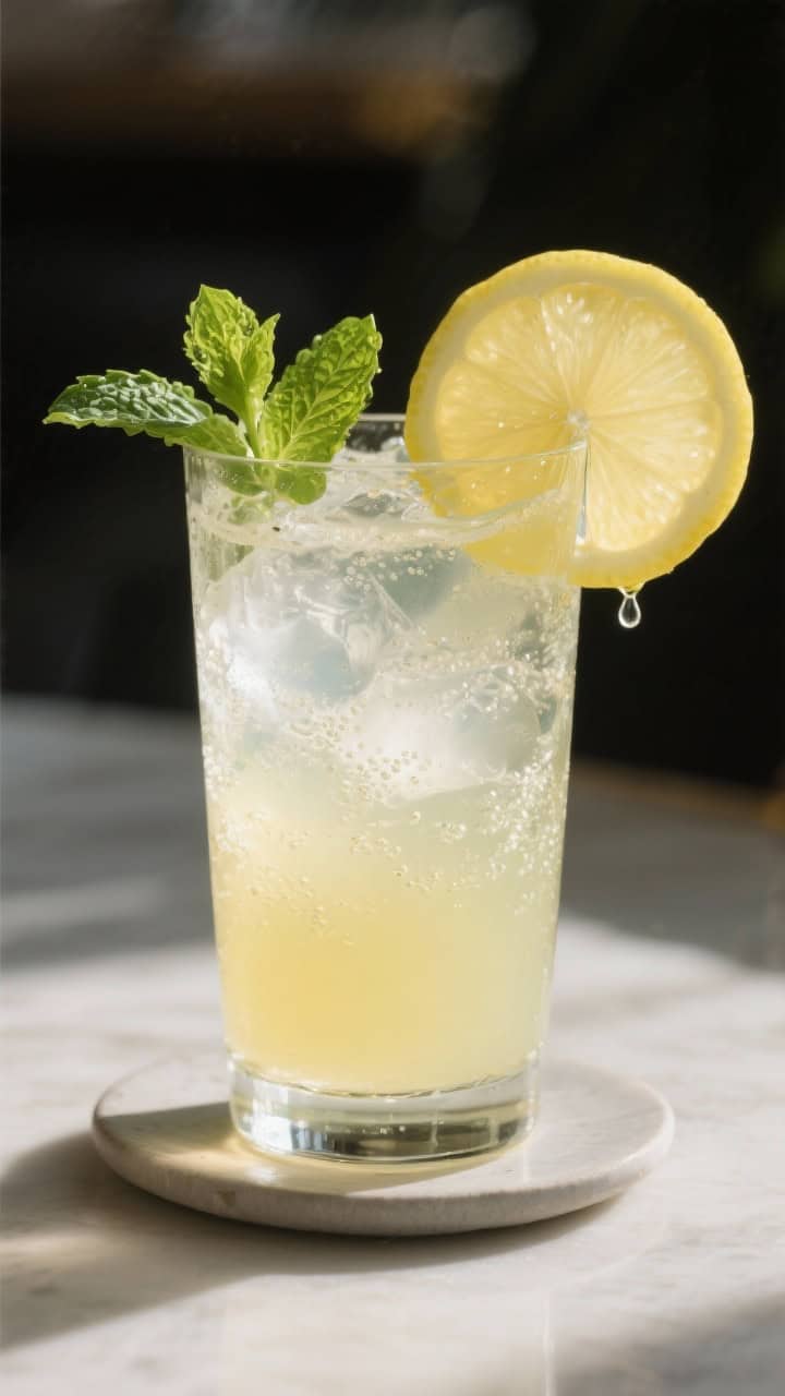 Final dish presentation: Restaurant-quality highball glass filled with the finished spritzer—cryst
