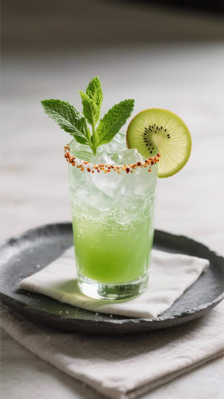 Final dish presentation: Restaurant-quality Kiwi Mint Sparkler served in a highball with crystal-cle