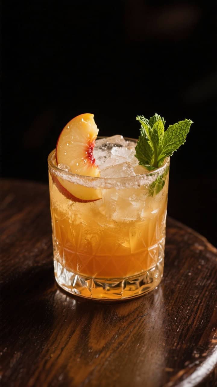 Final dish presentation: Restaurant-quality single rocks glass of Bourbon Peach Smash on a dark wood