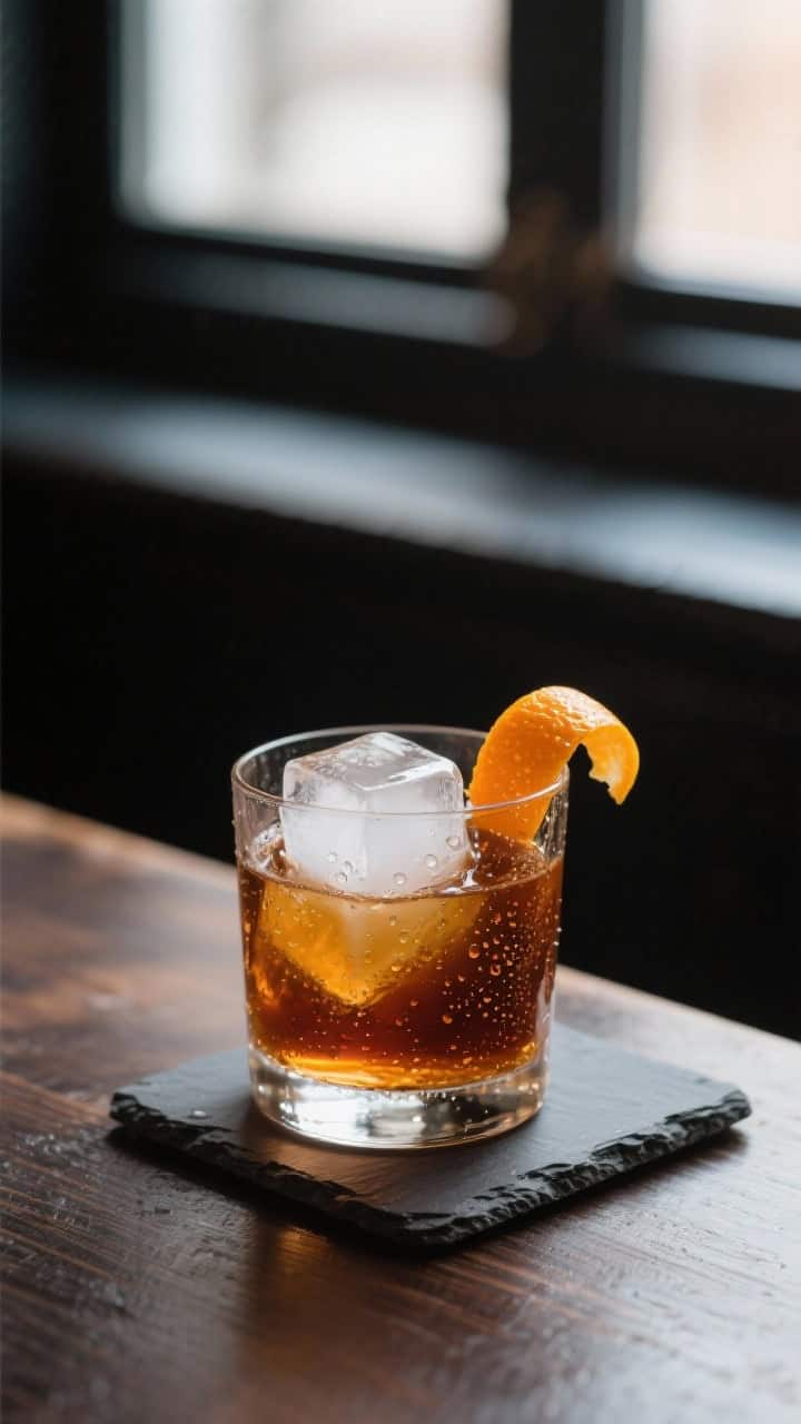 Final dish: Restaurant-quality pour-over-ice presentation—short rocks glass with a single large cl