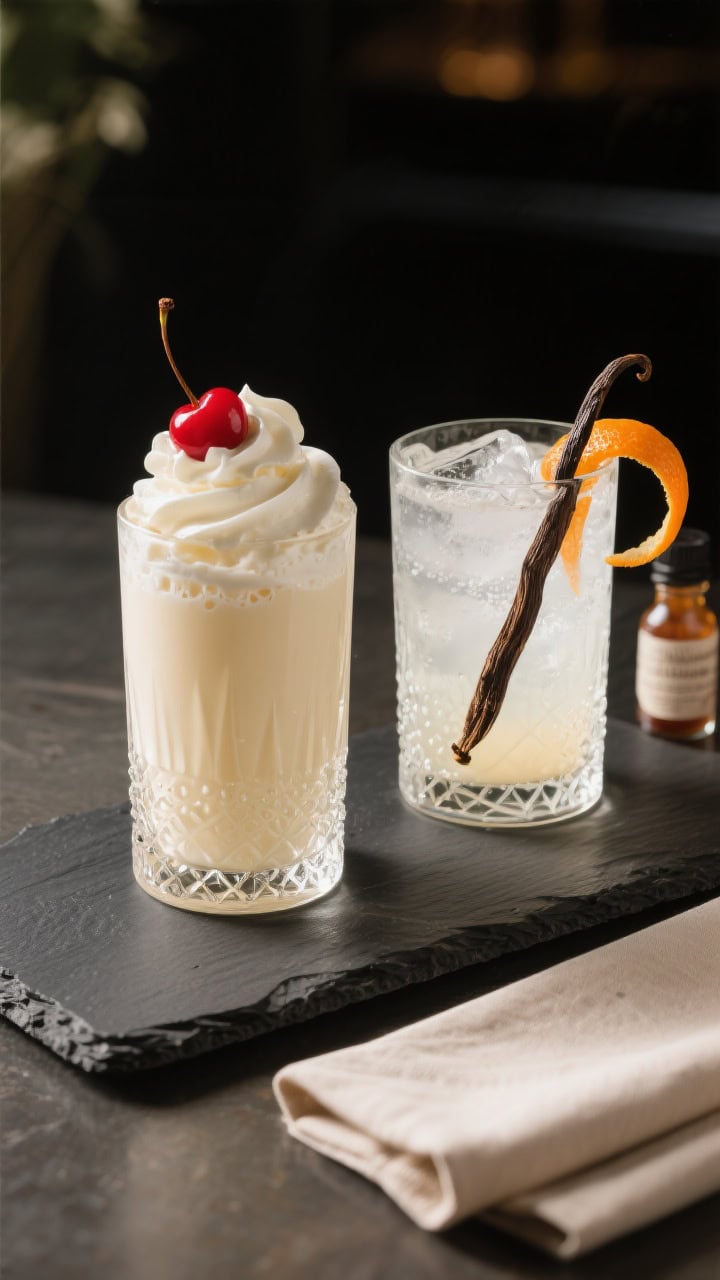 Final presentation beauty shot: two variations of Vanilla Bourbon Cream Soda side-by-side on a dark 
