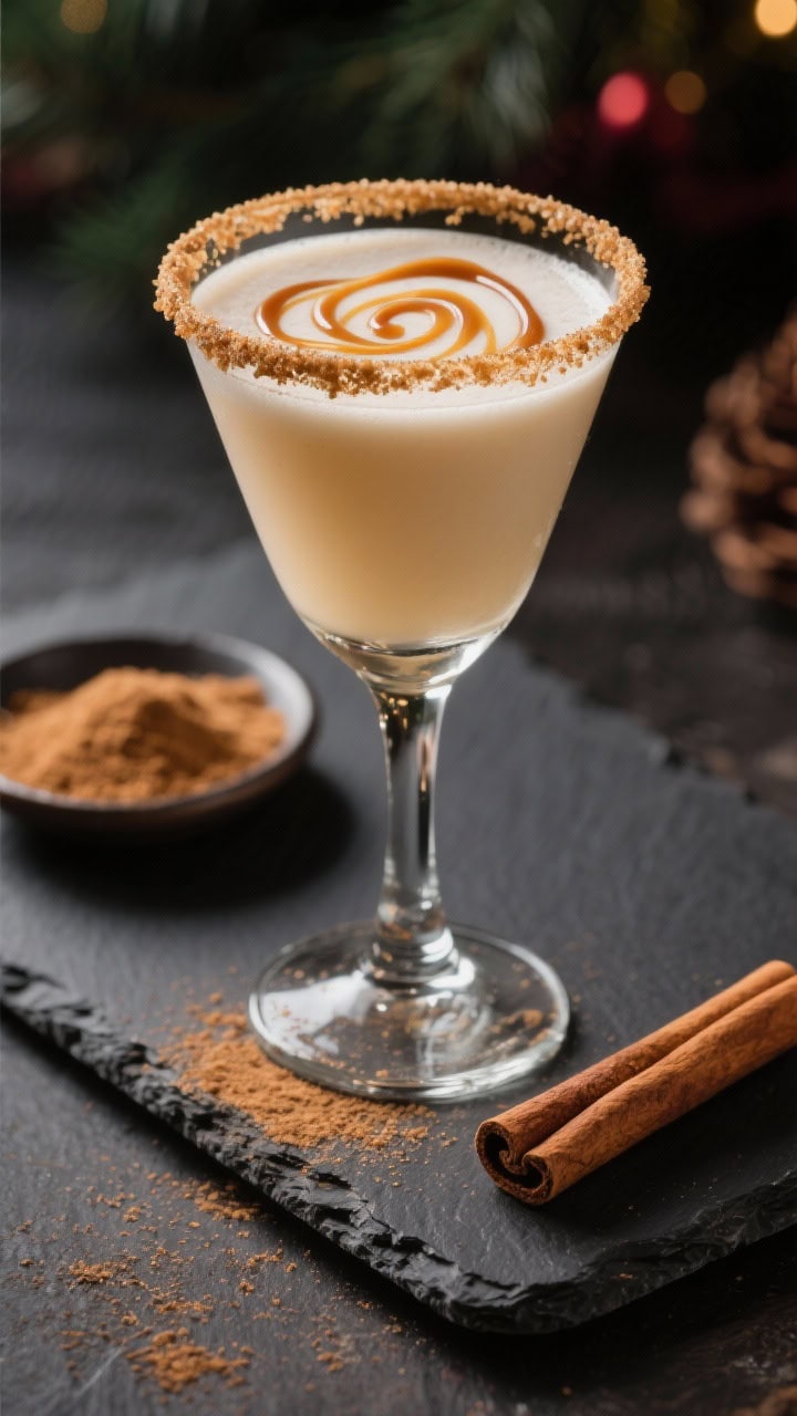 Final presentation, dessert-like styling: Cinnamon Toast Cocktail served in an elegant Nick and Nora