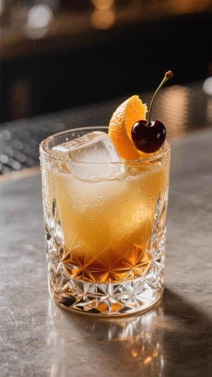 Final presentation: On-the-rocks Whiskey Sour served over a single clear large cube in a cut-crystal